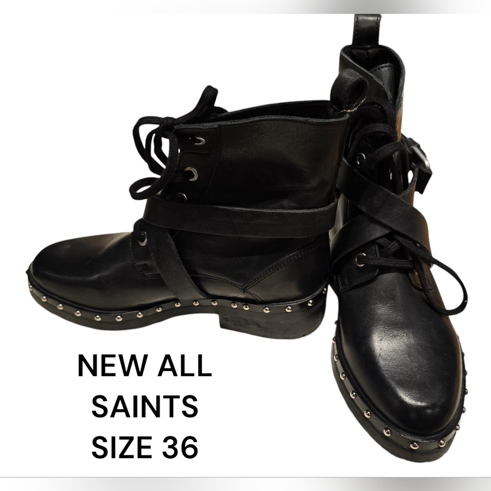 NEW ALL SAINTS Black Leather ankle boots with silver stud detail